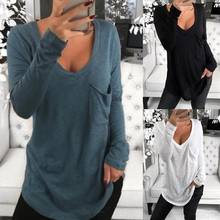 Fashion Sexy Women T-shirts Solid Color cotton Deep V neck Long Sleeve Tops Front Pocket Loose Tunic T shirt for women female 2024 - buy cheap