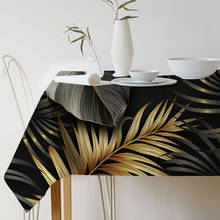 Toalha de mesa decorativa, plantas tropicais nórdicas, folhas pretas, douradas, palmeira monstera, toalha de mesa de linho à prova d'água, para cozinha de casa 2024 - compre barato