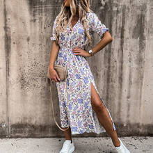 Floral Print Women Dress Summer V-Neck Long Dress Sexy Button Split Dresses Women A-Line Maxi Sundress Short Sleeve Robe Femme 2024 - buy cheap