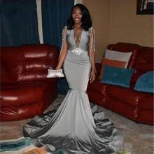 Gray Satin Mermaid Long Prom Dresses Long Deep V Neck Beaded Tassel Sweep Train Formal Party Evening Gowns For Black Girl 2024 - buy cheap