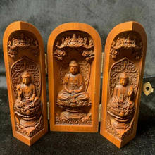 Vintage Japanese Netsuke Old Boxwood Carved Three Open Buddha Box Statue Boutique Statues for Decoration Collection Ornaments 2024 - buy cheap