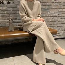 Neploe-Conjunto de 2 piezas de punto para otoño e invierno, suéter informal de manga larga con cuello redondo y pantalones largos de pierna ancha, trajes coreanos, 2021 2024 - compra barato