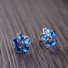 FNJ Blue Stone Earrings 925 Silver Original Pure S925 Sterling Silver Flower Stud Earring for Women Jewelry Zircon 2024 - buy cheap