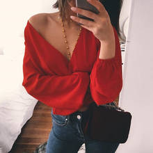 Sexy V Neck Wrap Sheath Exposed Navel Short Top Bow Tie Autumn Shirts Chiffon Women Blouses 2021 Backless Red White Crop Tops 2024 - buy cheap