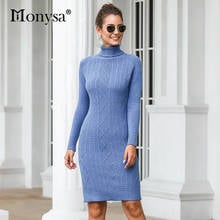 Vestido de punto de manga larga con cuello alto para mujer, vestido Sexy ajustado con abertura, color azul, otoño e invierno, 2019 2024 - compra barato