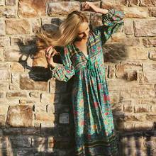 Super Chic women turquoise floral print lace-up beach Bohemian long dress Ladies v-neck Boho dress 2020 rayon autumn dress new 2024 - buy cheap