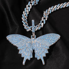 Blue AAA+ Cubic Zirconia Pave Bling Ice Out Butterfly Pendants Necklaces Tennis Cuban Chain for Men Women Hip Hop Rapper Jewelry 2024 - buy cheap