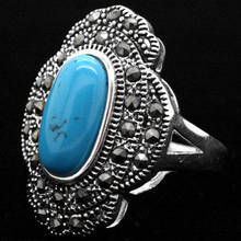 Anel estilo vintage azul turquesa natural 925 prata tamanho 7/8/9/10 24*16mm 2024 - compre barato