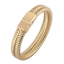 Fashion Braided Bracelet Men Golden Leather Wristband Stainless Steel Magnetic Clasp Punk Rock Male Jewelry Accessories SP0515 2024 - buy cheap