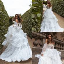 2021 Wedding Dresses Jewel Illusion Bodice Long Sleeves Bridal Gowns Custom Made Button Back Sweep Train A Line Wedding Dress 2024 - buy cheap
