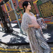Suéter de malha com franjas brilhante, de luxo, feminino coreano, jaqueta solta, artesanal, de crochê, casacos longos 2024 - compre barato
