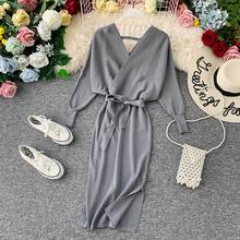 2022 V Neck Split Autumn Dress Winter Batwing Sleeve Knitted Bandage Sweater Midi Long Dress Casual Party Women Elegant Dresses 2024 - buy cheap