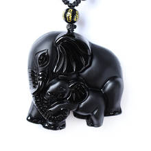 Handmade Chinese Obsidian natural carving mother baby lovely elephant amulet lucky Pendant Necklace Jewelry 2024 - buy cheap