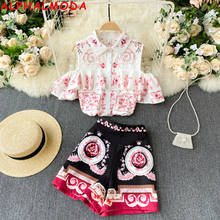 ALPHALMODA Retro Fashion Suit Printed Off Shoulder Ruffle Short Sleeve Shirt + High Waist Skirt Women Fashion 2pcs Summer Set 2024 - buy cheap