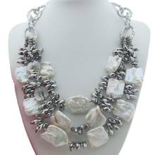 YYGEM 3 Strands Freshwater Cultured White Keshi Pearl Trapezoid Shape Silver Gray Crystal Necklace  21" 2024 - buy cheap