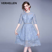 VERHELLEN High Quality Runway Dress 2019 Autumn Women's 3/4 Sleeve Blue Lace Midi Dress Elegant Casual Party Dresses Vestidos 2024 - buy cheap