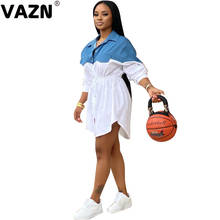 VAZN Spring casual 2020 sexy girl white black patchwork colors knee-length dress full sleeve singer breasted fly sashes dress 2024 - buy cheap