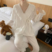 Autumn Cotton Pajamas for Women Long Sleeve Casual Sleepwear V-Neck White Pijamas Set 2 Piece Loungewear Palace Lace Home Wear 2024 - buy cheap