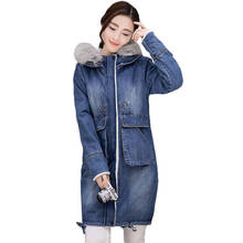 Jaqueta jeans de inverno feminina, casaco jeans longo aveludado com capuz grosso vintage plus size 2024 - compre barato