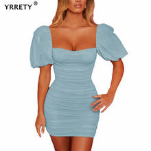 YRRETY Square Neck Puff Sleeve Sexy Dress For Women Solid Slim Wrap Ruched Mini Club Party Bodycon Folds Backless New Clothes 2024 - buy cheap