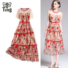 Tingfly Summer Vintage Red Embroidery A Line Party Birthday Dresses Elegant Voile Casual Street Chic Midi Long Plus Size Vestido 2024 - buy cheap