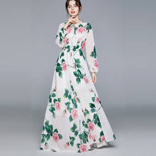 2020 novo outono runway designer flor maxi vestido feminino manga longa rosa floral impressão cintura elástica chiffion férias vestido longo 2024 - compre barato