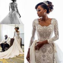 2020 Бисероплетение Африканские свадебные платья кристаллы над юбкой Роскошные Длинные рукава Оболочка Съемный Поезд Свадебные платья на заказ 2024 - купить недорого
