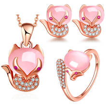 Conjunto de joyas de piedra lunar rosa para mujer, aretes de tuerca de boda de Color oro rosa, collar de cristal de zorro bonito, anillo 2024 - compra barato