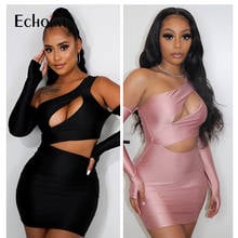 Echoine Women Sexy Club Party Mini Dress Summer Hollow Out Bodycon Pink Dresses Off Shoulder Female Long Sleeve Wrap Short Dress 2024 - buy cheap