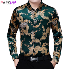 Camisa masculina de veludo verde e veludo em veludo, camisa da moda com estampa dourada do dragão chinês, camisa confortável masculina 4xl, 2020 2024 - compre barato