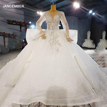 Htl2045 bola-vestido frisado cristal de luxo lantejoulas arco vestido de casamento 2021 manga comprida v-neck rendas até trás 2024 - compre barato