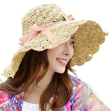 Шляпа от солнца из рафии женская, складная пляжная Соломенная Панама с большим полями, с бантом и цветами, летняя 2024 - купить недорого