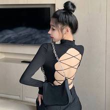 Women's T-Shirts Korean Style Backless Hollow Out Bandage T-Shirt Turtleneck Tops Long Sleeve Short Tees Sexy Clubwear 2024 - buy cheap