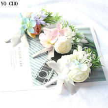 YO CHO-ramillete de rosas de seda para boda, alfiler de flores, pulsera de boda rosa y blanca para dama de honor, ramillete de ojal, flores de boda 2024 - compra barato