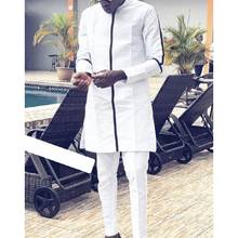 Black Cloth Strip Patchwork Men's Tops+Solid White Trousers Set Clothing African Fashion Male Pant Suits Wedding Party Outfits 2024 - buy cheap
