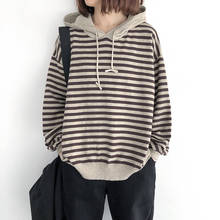 Хлопковый вязаный женский свитер с капюшоном, пуловеры в полоску, винтажные Свободные повседневные Универсальные женские пуловеры, верхняя одежда, топы 2024 - купить недорого