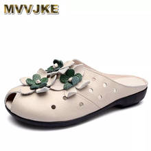 MVVJKE Genuine Leather Flats Women Sandals Closed Toe Slippers Summer Women Shoes Hand Cut Flower Slides 2024 - buy cheap