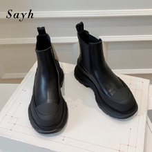 Fashion Brand Women Real Leather Round Toe Patchwork Ankle Boots Slip On Wedge Heels Platform Punk Casual Shoes 2024 - buy cheap