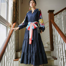 Vestido largo de algodón con manga acampanada para mujer, traje bohemio, Vintage, bordado, de cintura alta, con cordones 2024 - compra barato