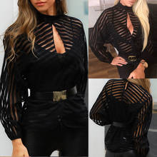 New Fashion Women Black Mesh Sheer Striped See-through Puff Long Sleeve High turtleneck hole front Top Shirt Blouse 2024 - buy cheap