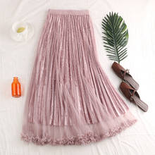 Fashion Beading Tulle Velvet Skirt Women 2021 Spring Elegant Long Maxi Skirt Female High Waist Pleated Girls Skirt Pink Feminino 2024 - buy cheap