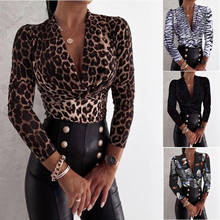 Pulôver sexy estampa de leopardo com decote em v, blusa feminina slim de manga comprida, para mulheres com letras do céu estrelado, roupas de escritório 2024 - compre barato