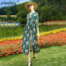 100% Real Silk Summer Dress Floral Midi Dresses for Women Elegant Green Dress Fashion 2020 V Neck Vestido KML20A3120 Pph312 2024 - buy cheap