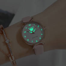 Часы наручные женские с тонким кожаным ремешком, модные светящиеся с короной под розовое золото 2024 - купить недорого