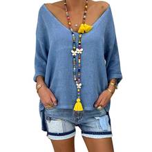 Loose Tees Shirt Women Solid Color Casual T-shirt V Neck 3/4 Sleeve Autumn Women's T-Shirt Top 2024 - buy cheap