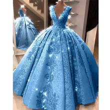 Blue Ball Gown Quinceanera Dresses V Neck Appliques Lace Prom Party Gowns for Girls 15 Years Crost Back 2024 - buy cheap