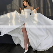 Top Quality Satin Wedding Dress With Off Shoulder Lantern Sleeves 2021 Simple Long Hight Slit Boho Bridal Gowns Robe De Mariage 2024 - buy cheap