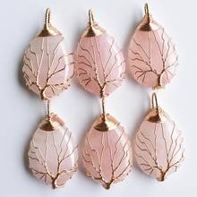 Envoltório de fio artesanal de árvore da vida com formato de gota, em ouro e 6 cores, pingente de pedra de quartzo rosa natural com frete grátis 2024 - compre barato