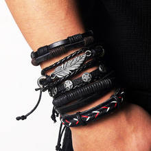 Ifmia pulseira de couro, bracelete vintage com folhas de penas de couro, tricotada à mão, estiloso, masculino, pulseira para presente 2024 - compre barato