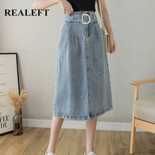 REALEFT 2021 New Denim Women's Umbrella Skirts with Belted Spring Summer High Waist Blue Jeans Female A-Line Midi Skirts Pockets 2024 - buy cheap